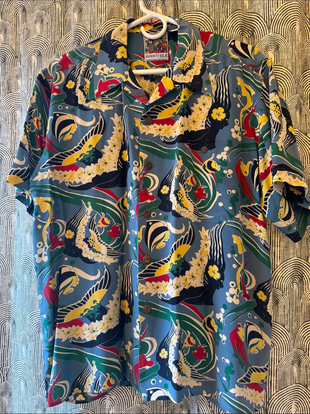 Avanti Blue Tropical Print Silk Shirt